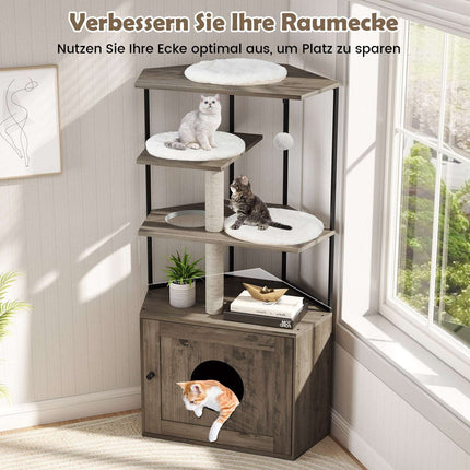 Katzenbaum mit Katzentoilettenschrank, Kratzstämmen, Kissen