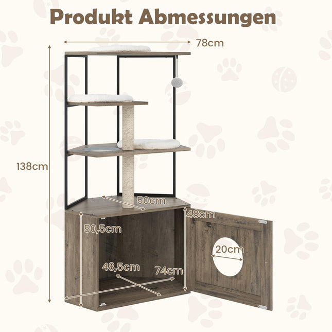 Katzenbaum mit Katzentoilettenschrank, Kratzstämmen, Kissen