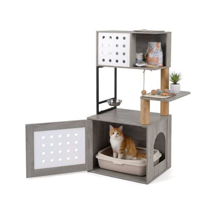 Cat Tree with Litter Box Cabinet and Feeding Station, 117.5 cm, Grey