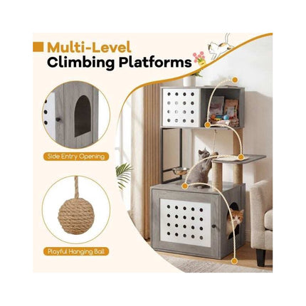 Cat Tree with Litter Box Cabinet and Feeding Station, 117.5 cm, Grey