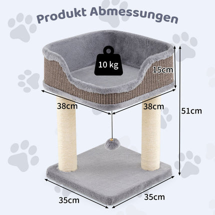 Cat Tree with Plush Seat, Sisal Posts, 38x38x51 cm, Gray