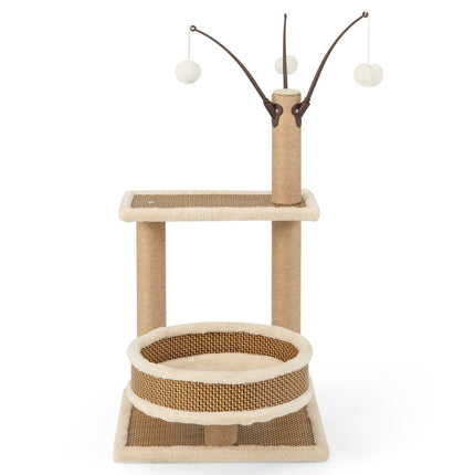 Cat Tree with Rattan Mat, Scratching Posts, Toys, Bed