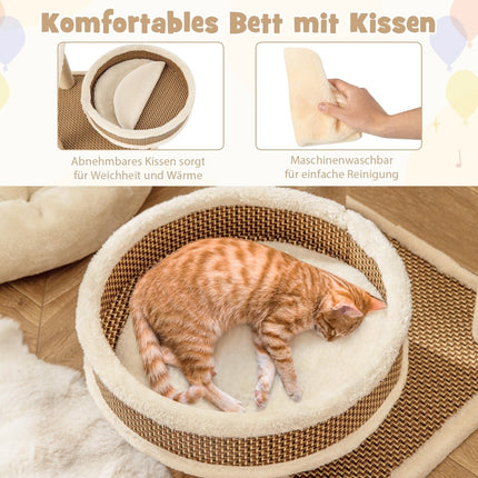 Cat Tree with Rattan Mat, Scratching Posts, Toys, Bed