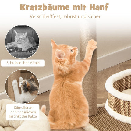 Cat Tree with Rattan Mat, Scratching Posts, Toys, Bed