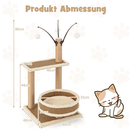 Cat Tree with Rattan Mat, Scratching Posts, Toys, Bed