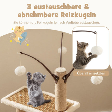 Cat Tree with Rattan Mat, Scratching Posts, Toys, Bed