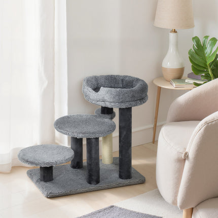 Cat Tree with Sisal Post, Plush Fabric, Wide Base, Gray
