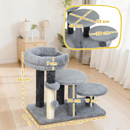 Cat Tree with Sisal Post, Plush Fabric, Wide Base, Gray