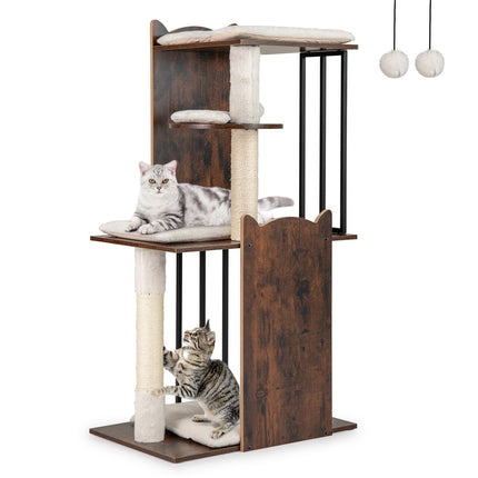 Katzenbaum mit Sisalstämmen, 4 Ebenen, Bällen, Kissen