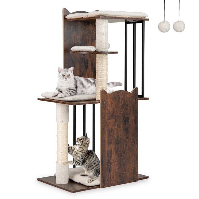 Katzenbaum mit Sisalstämmen, 4 Ebenen, Bällen, Kissen