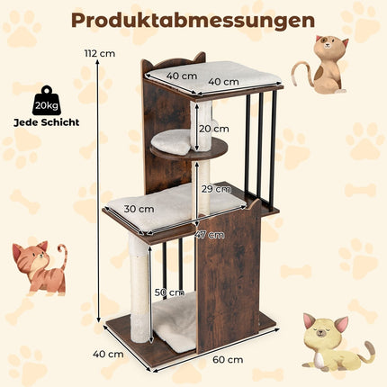 Katzenbaum mit Sisalstämmen, 4 Ebenen, Bällen, Kissen