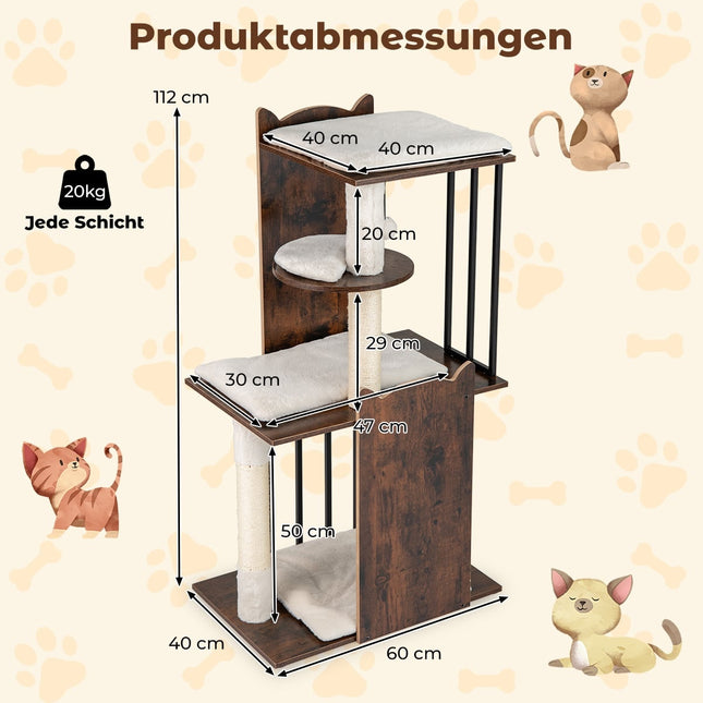 Katzenbaum mit Sisalstämmen, 4 Ebenen, Bällen, Kissen