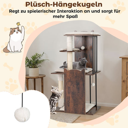 Katzenbaum mit Sisalstämmen, 4 Ebenen, Bällen, Kissen