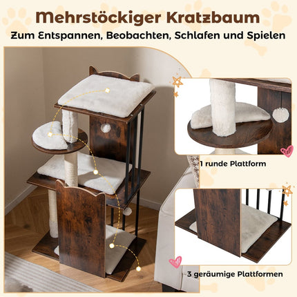 Katzenbaum mit Sisalstämmen, 4 Ebenen, Bällen, Kissen