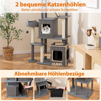 Katzenbaum mit Sisalstämmen, Leiter & 2 Höhlen, 180 cm Grau