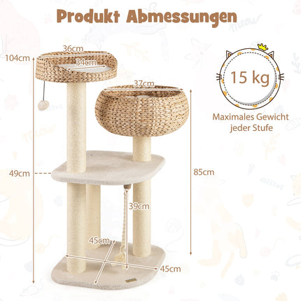 Katzenkratzbaum mit Sisalstämmen und Korb, 104 cm, Beige