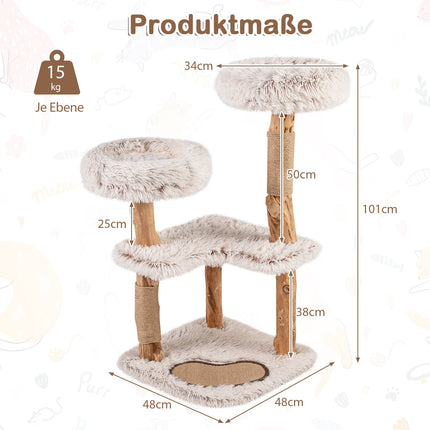 Kočičí strom z masivního dřeva s jutovými škrabacími sloupky, 101 cm