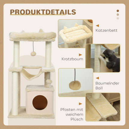 Cat Tree with Toys, Hammock & Perch, 48 x 48 x 90 cm, Cream