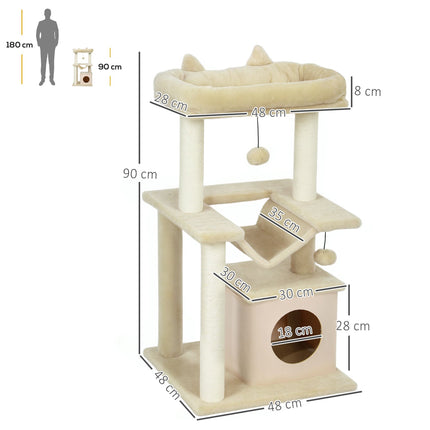 Cat Tree with Toys, Hammock & Perch, 48 x 48 x 90 cm, Cream