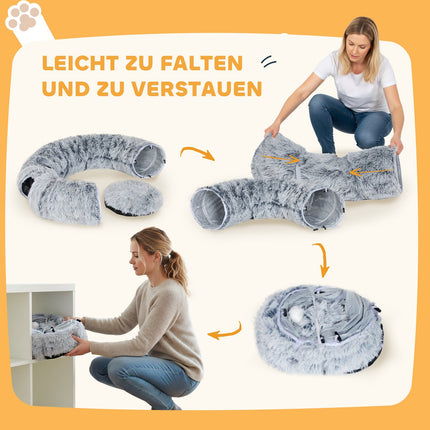 Cat Tunnel, Plush Fabric, Foldable, Metal Frame, Light Gray
