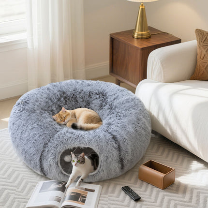 Cat Tunnel, Plush Fabric, Foldable, Metal Frame, Light Gray