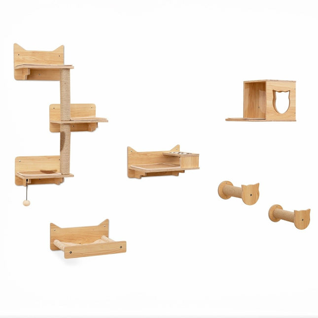 Katzen-Kletterwand-Set mit Hängematte, Kratzstämmen und Haus