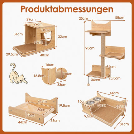 Katzen-Kletterwand-Set mit Hängematte, Kratzstämmen und Haus
