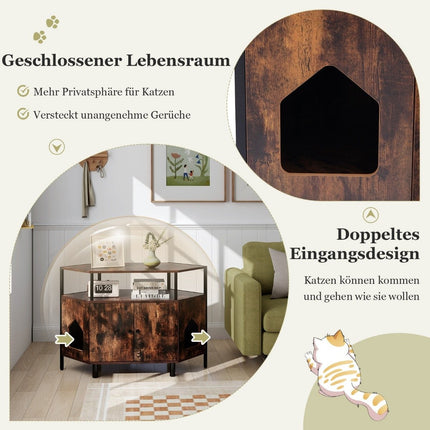 Meuble pour chat, toilettes pour chat, bac à litière pour chat, meuble pour maison d'angle pour chat avec 2 portes, marron rustique