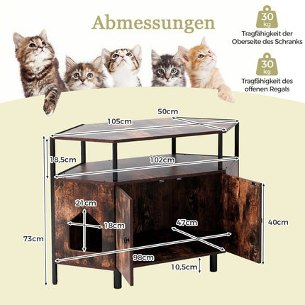 Meuble pour chat, toilettes pour chat, bac à litière pour chat, meuble pour maison d'angle pour chat avec 2 portes, marron rustique