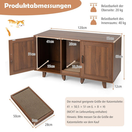 Katzenschrank für Katzentoilette mit 2 Türen &amp; Kratzbrett &amp; Eingang 120 x 52 x 65 cm Kaffee