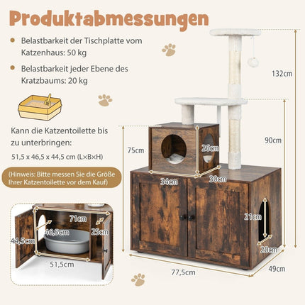 Katzenschrank mit Kratzbaum All-in-1 Katzenhaus aus Holz Braun 77,5 x 48,5 x 132 cm