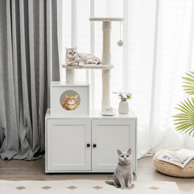 Katzenschrank mit Kratzbaum &amp; Sisalkratzbaum Gehäuse für Katzentoiletten Katzenmöbel weiß