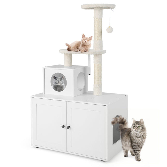 Katzenschrank mit Kratzbaum &amp; Sisalkratzbaum Gehäuse für Katzentoiletten Katzenmöbel weiß