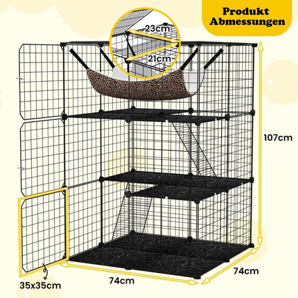Cage pour chat 3 étages grand enclos pour chat avec hamac 2 échelles 3 portes et puits de lumière 74 x 74 x 107 cm