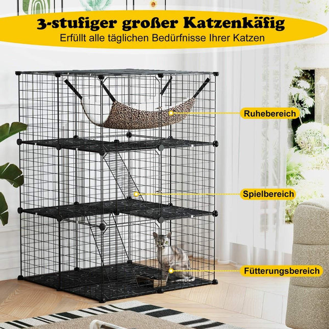 Katzenkäfig 3-stöckiges großes Katzengehege mit Hängematte 2 Leitern 3 Türen &amp; Dachfenster 74 x 74 x 107 cm