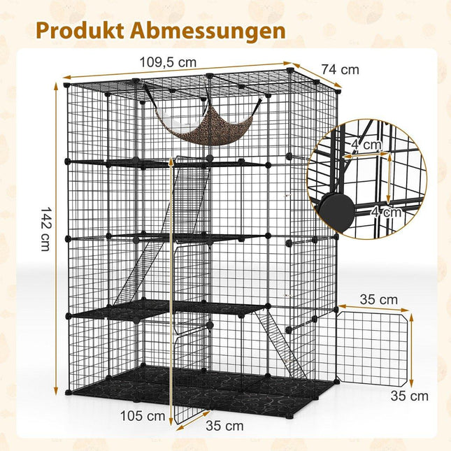 Katzenkäfig 4-stöckiges großes Katzengehege mit Hängematte 3 Leitern 4 Türen &amp; Dachfenster