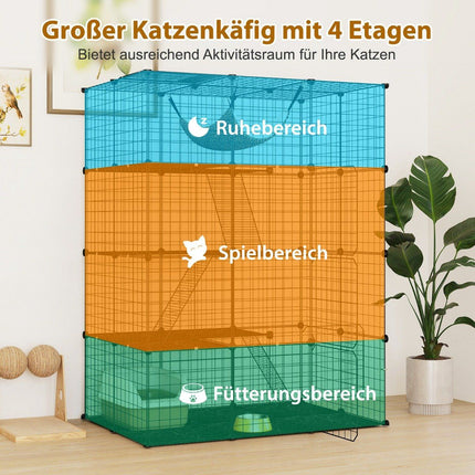 Katzenkäfig 4-stöckiges großes Katzengehege mit Hängematte 3 Leitern 4 Türen &amp; Dachfenster