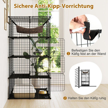Katzenkäfig 4-stöckiges großes Katzengehege mit Hängematte 3 Leitern 4 Türen &amp; Dachfenster