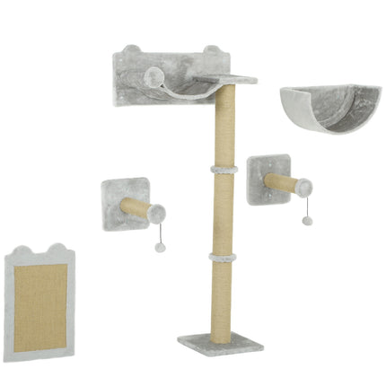 Mur d'escalade pour chat, 5 pièces. Arbre à chat avec griffoirs, hamac, plateforme de saut, griffoir mural, meuble mural pour chats jusqu'à 5 kg, polyester, gris clair.