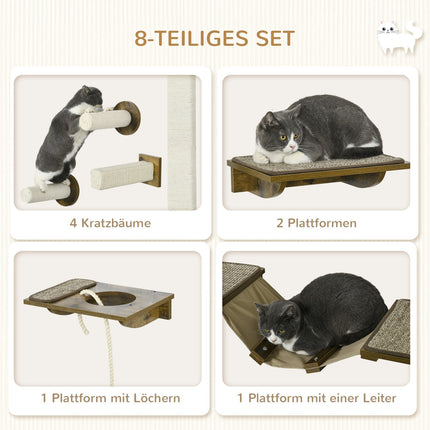 Katzenwand-Kletterset, 8-teilige Möbel mit Sisalkratzbaum