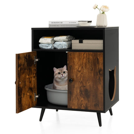 Katzenschrank Katzentoilette Katzenhaus mit Flügeltüren &amp; Eingang 60 x 45 x 75 cm Schwarz + Natur