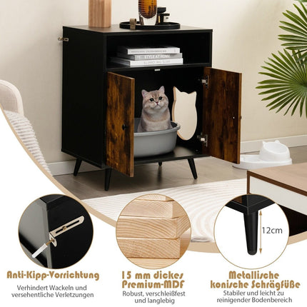 Katzenschrank Katzentoilette Katzenhaus mit Flügeltüren &amp; Eingang 60 x 45 x 75 cm Schwarz + Natur