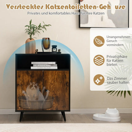 Katzenschrank Katzentoilette Katzenhaus mit Flügeltüren &amp; Eingang 60 x 45 x 75 cm Schwarz + Natur