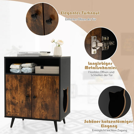 Katzenschrank Katzentoilette Katzenhaus mit Flügeltüren &amp; Eingang 60 x 45 x 75 cm Schwarz + Natur