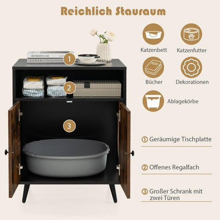 Katzenschrank Katzentoilette Katzenhaus mit Flügeltüren &amp; Eingang 60 x 45 x 75 cm Schwarz + Natur