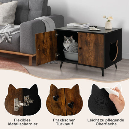Katzenschrank Katzentoilette Katzenhaus mit Flügeltüren &amp; Eingang 80 x 50 x 57 cm Schwarz + Natur