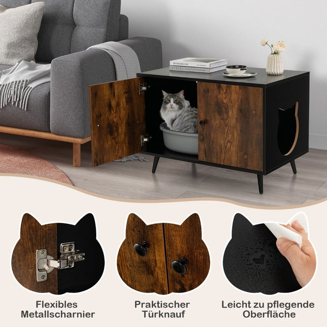 Katzenschrank Katzentoilette Katzenhaus mit Flügeltüren &amp; Eingang 80 x 50 x 57 cm Schwarz + Natur