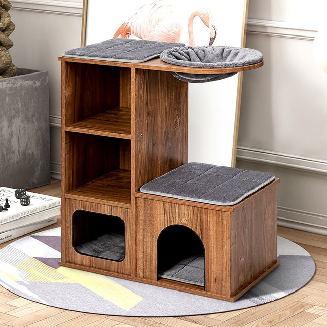 Katzenmöbel mit Höhlenmatten Katzenspielhaus Holzkratzbaum Katzenhaus Kletterbaum 69x39x 80,5 cm