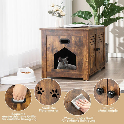 Katzenhaus Katzentoilette mit Doppellamellentüren Katzenschrank 70 x 52 x 51 cm braun