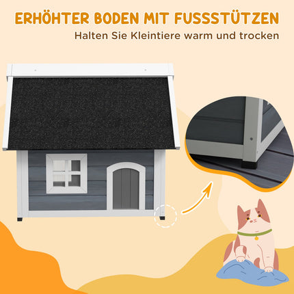 Katzenhaus aus Holz, wetterfest, aufklappbares Dach, grau